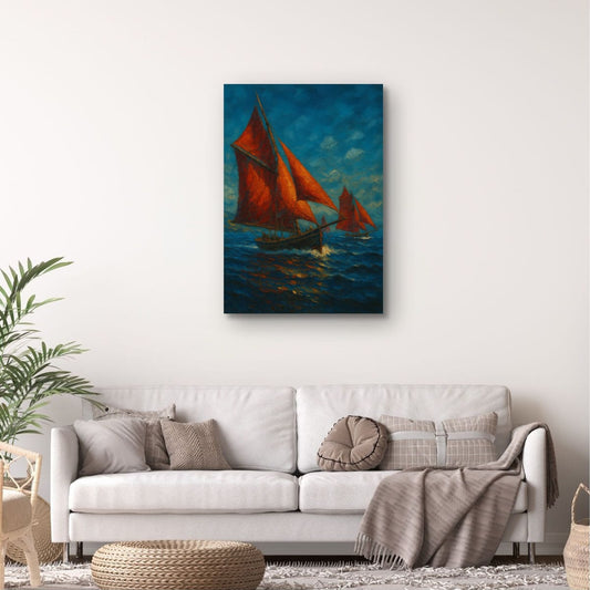 Canvas Print: Red Sails of Connemara — Galway Hookers at Sea