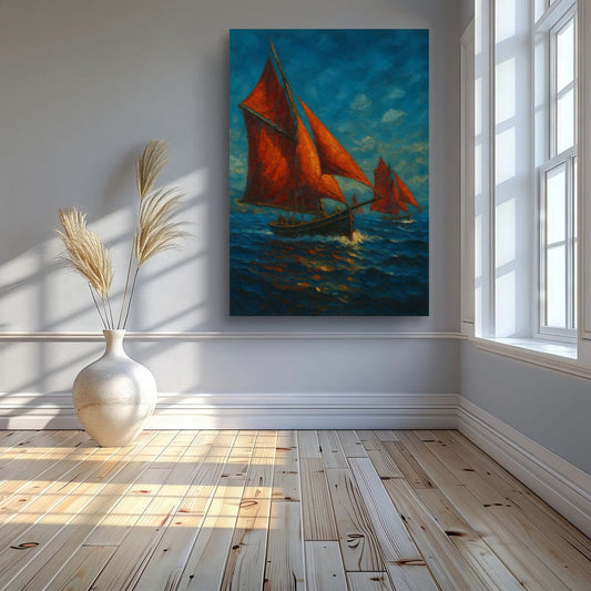 Canvas Print: Red Sails of Connemara — Galway Hookers at Sea