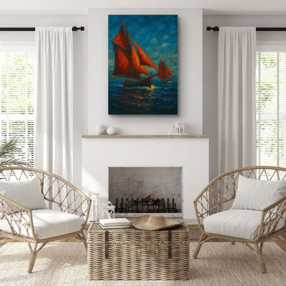 Canvas Print: Red Sails of Connemara — Galway Hookers at Sea