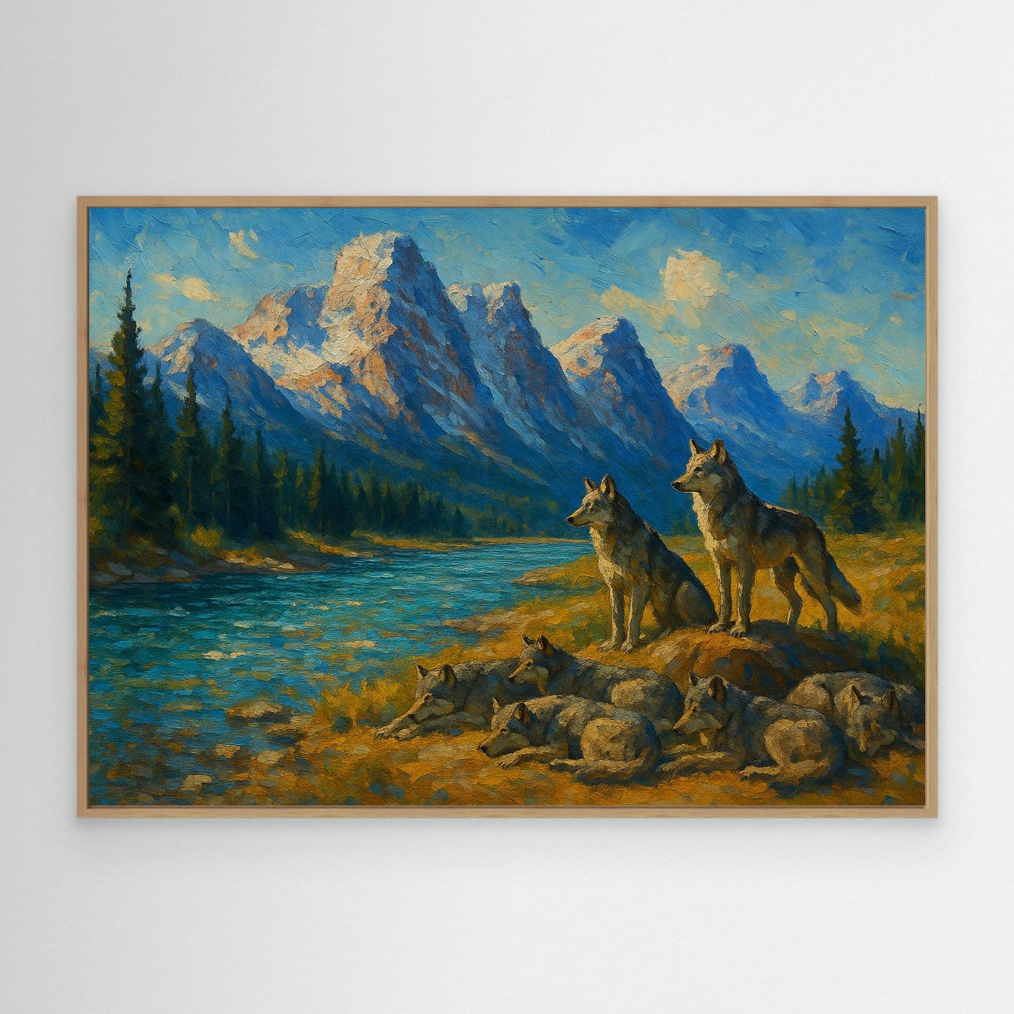 Canvas Print: Canadian Wolf Pack by the River