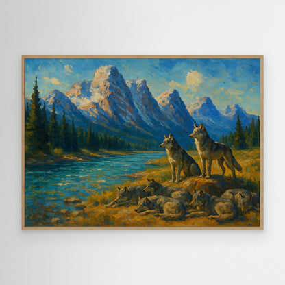 Canvas Print: Canadian Wolf Pack by the River
