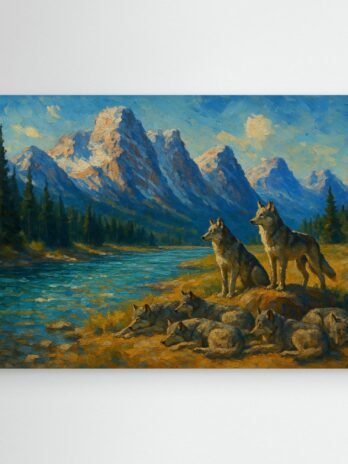 Canvas Print: Canadian Wolf Pack by the River