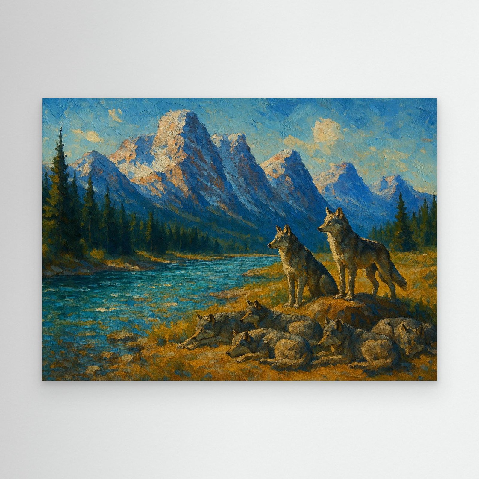Canvas Print: Canadian Wolf Pack by the River
