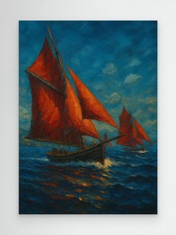 Canvas Print: Red Sails of Connemara — Galway Hookers at Sea