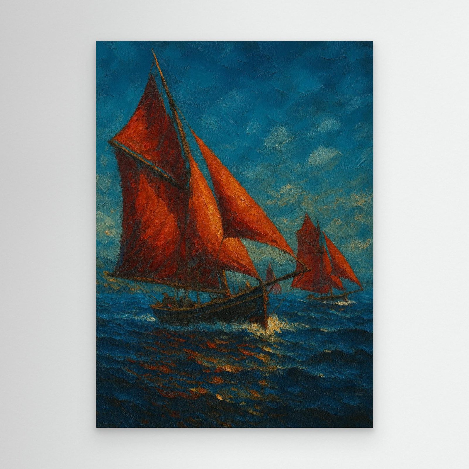 Canvas Print: Red Sails of Connemara — Galway Hookers at Sea