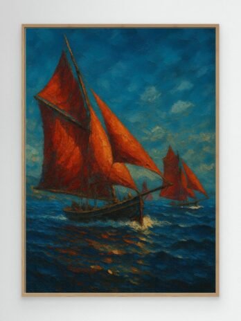 Canvas Print: Red Sails of Connemara — Galway Hookers at Sea