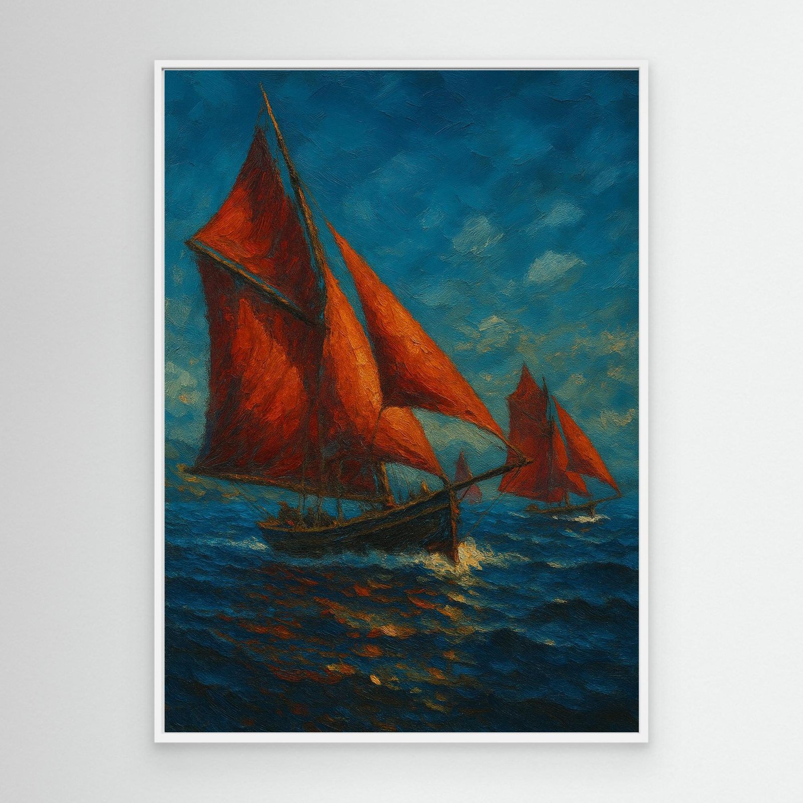 Canvas Print: Red Sails of Connemara — Galway Hookers at Sea