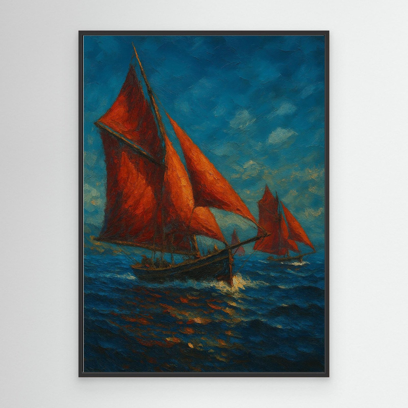 Canvas Print: Red Sails of Connemara — Galway Hookers at Sea